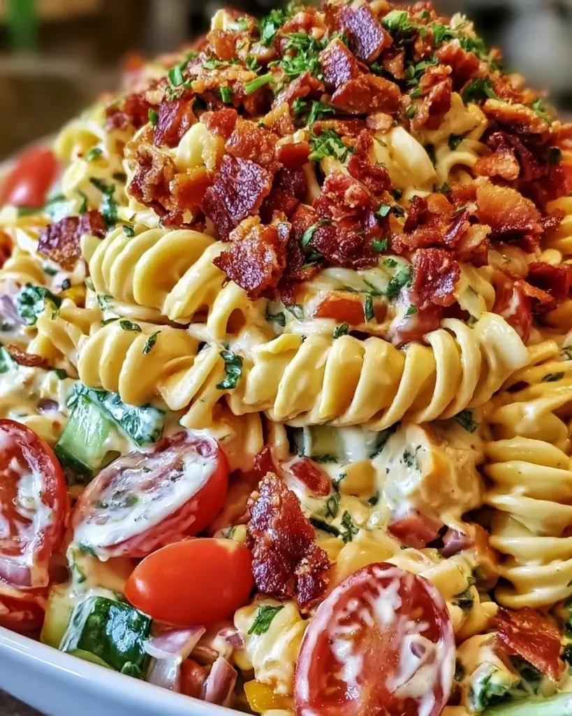 Leckeres Club Sandwich Pasta Salat mit frischen Zutaten und Aromen.