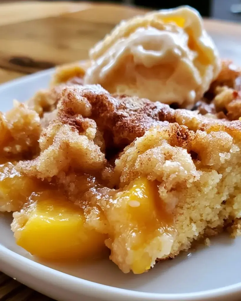 Leckerer Pfirsich-Cobbler-Dump-Cake mit frischen Pfirsichen und knusprigem Belag.