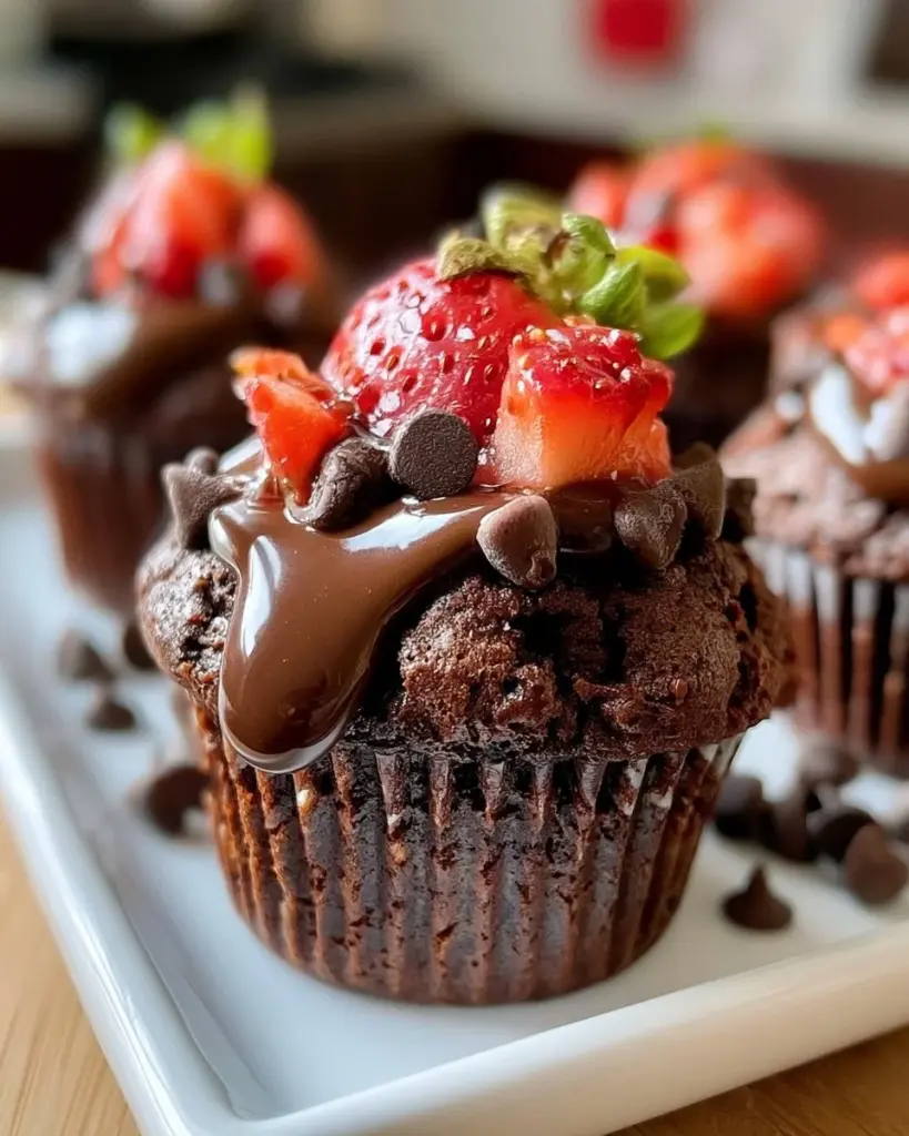 Doppelte Schokoladen-Erdbeer-Muffins mit frischen Erdbeeren und Schokoladenglasur