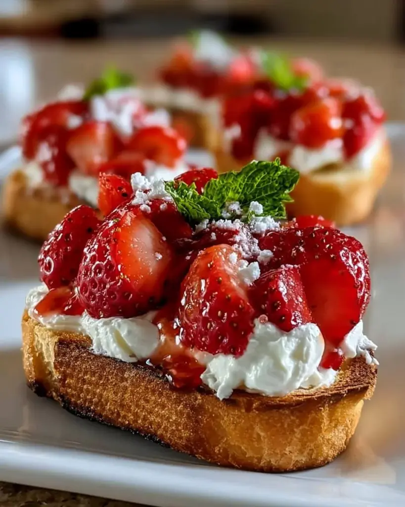 Erdbeer-Dessert-Bruschetta mit frischen Erdbeeren und Kräutern