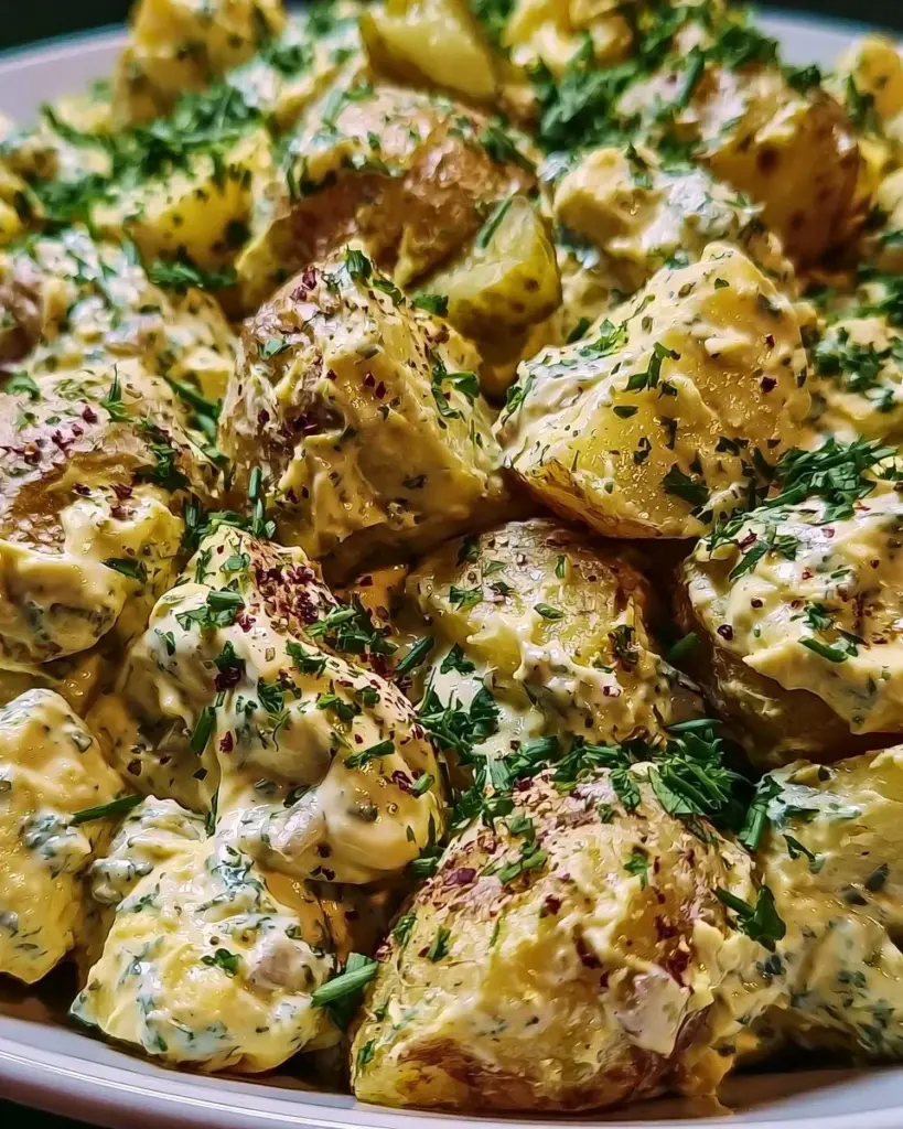 Erntedank-Kartoffelsalat mit frischen Zutaten und bunten Beilagen