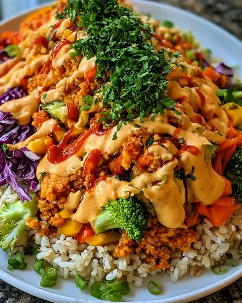 Bunte Gemüse-Reis-Bowls mit Bang-Bang-Sauce auf einem Teller
