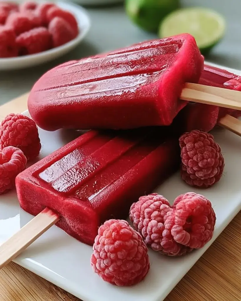 Himbeer-Sorbet-Eis am Stiel in einer bunten Umgebung