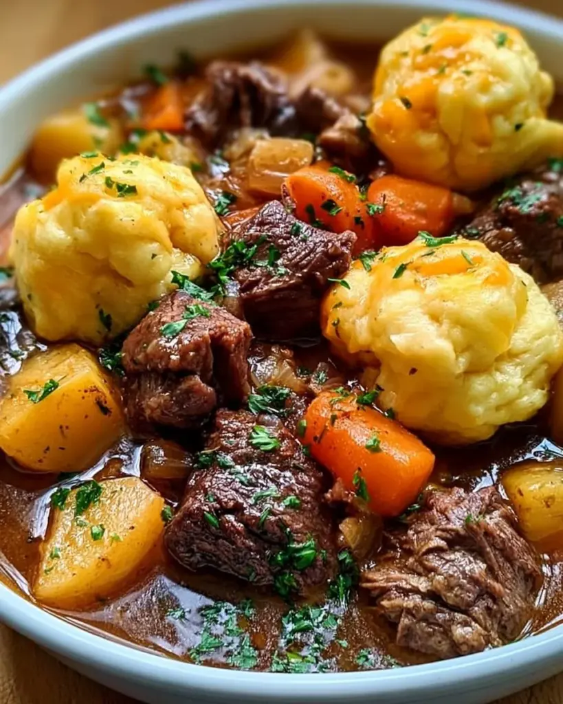 Irischer Eintopf mit Cheddar-Klößchen in einer schmackhaften Portion