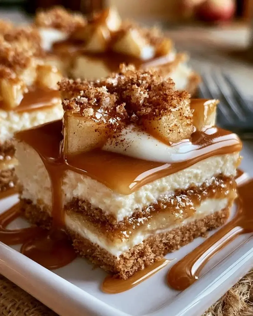 Karamell-Apfel-Käsekuchen-Riegel mit köstlicher Karamellsoße
