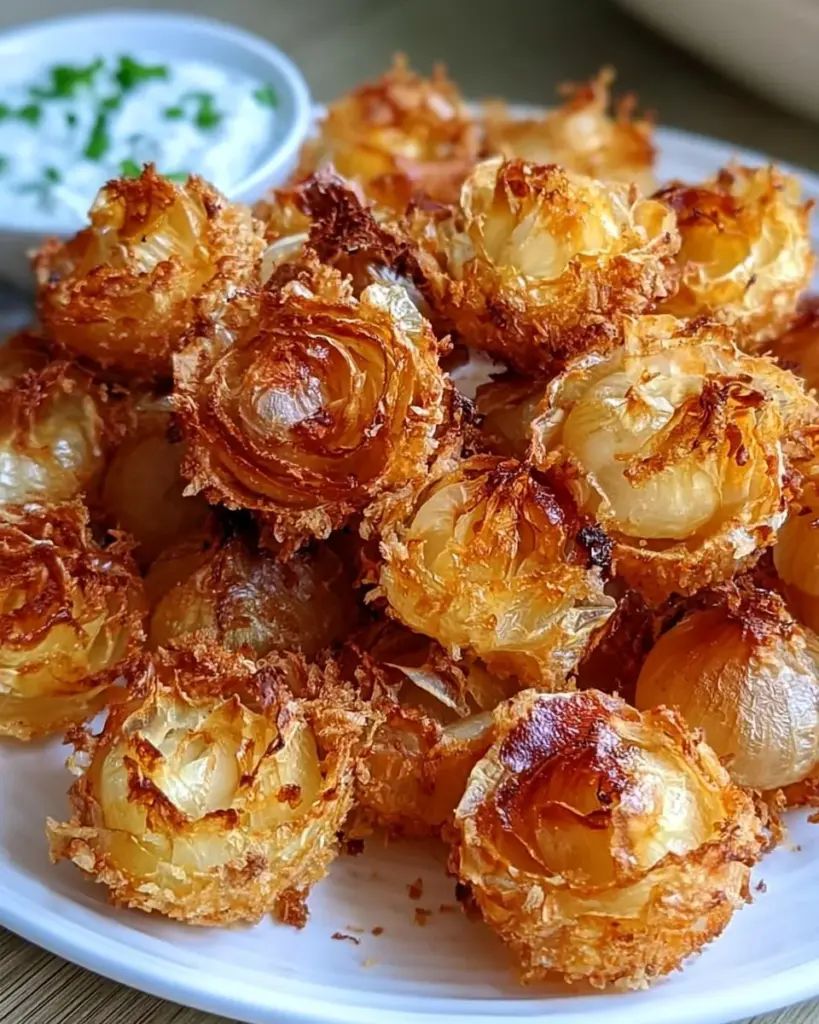 Knusprige Mini-Blumenzwiebeln aus der Heißluftfritteuse auf einem Teller