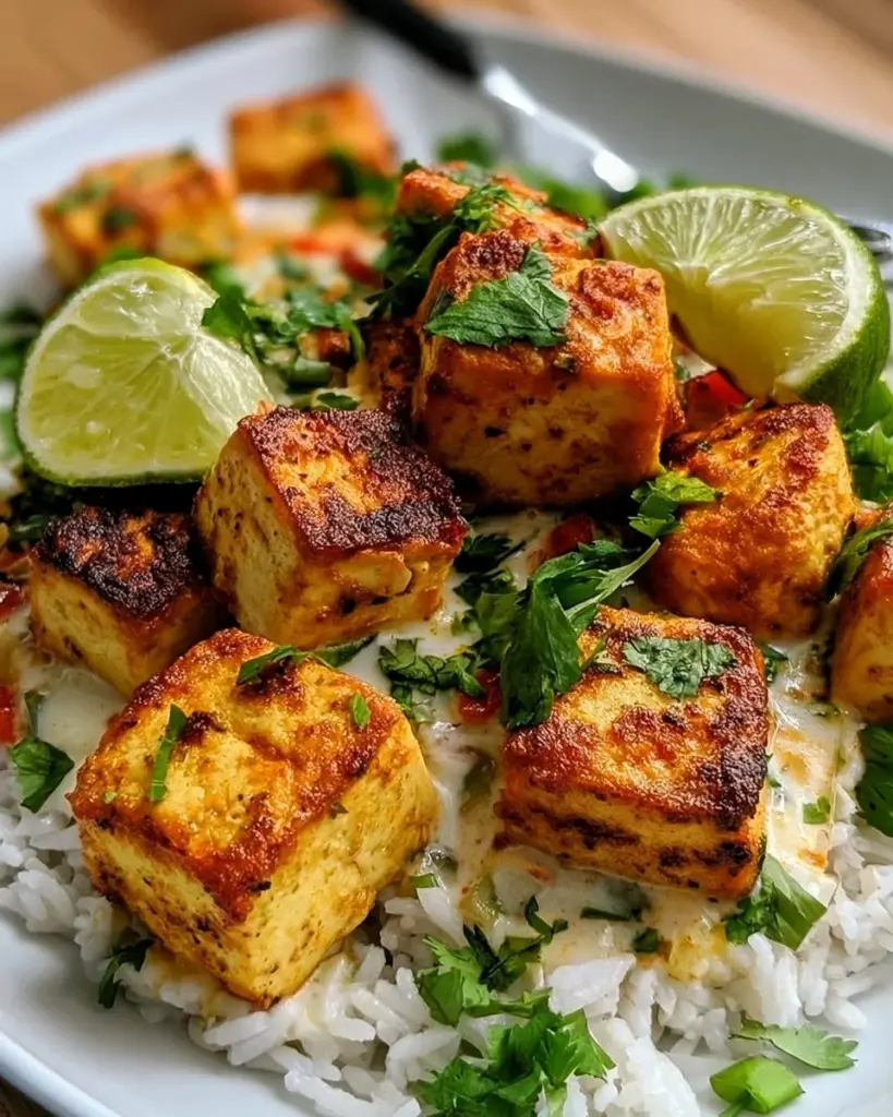 Köstlicher Kokosnuss-Limetten-Tofu auf einem bunten Teller serviert.