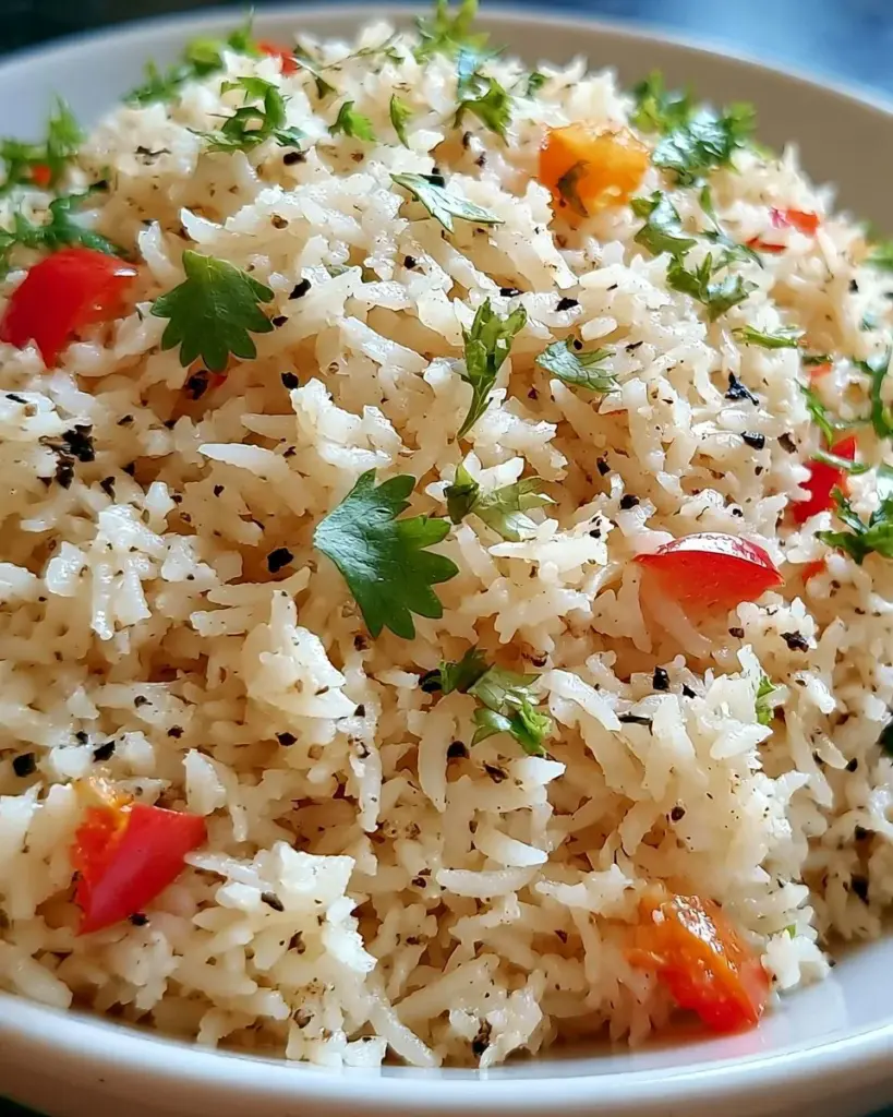 Schüssel mit Kokosnuss-Pfeffer-Reis, verfeinert mit frischem Gemüse und Gewürzen.
