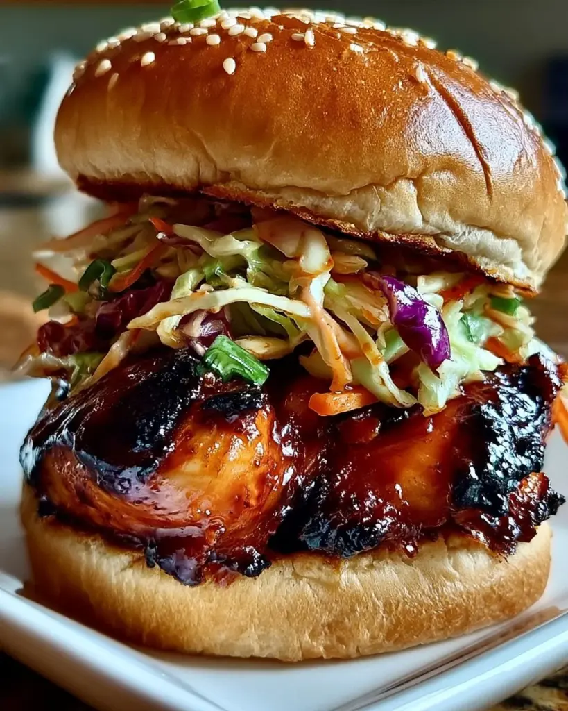 Koreanisches BBQ-Hühnchen-Sandwich mit frischen Zutaten und schmackhaften Soßen