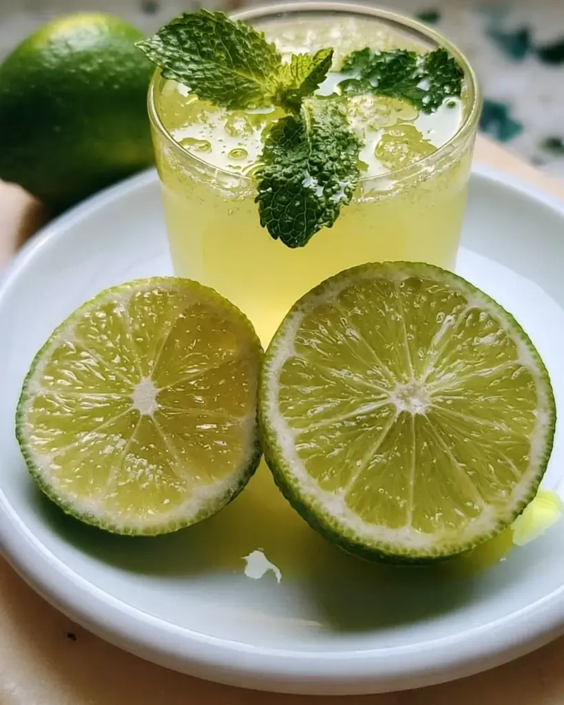 Frisch gepresster Limettensaft in einer Glasflasche auf einem Holztisch