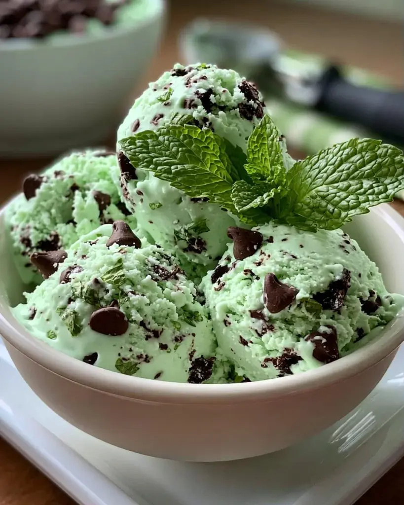 Eine Schüssel mit Minz-Schokoladenstückchen-Eis, frisch serviert