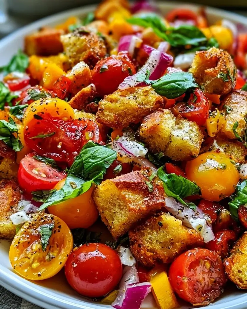 Leckeres Panzanella-Salat mit frischem Gemüse und knusprigem Brot