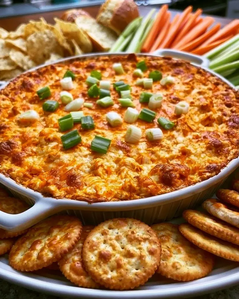 Räucher-Buffalo-Hühnchen-Dip in einer Schüssel mit frischem Gemüse