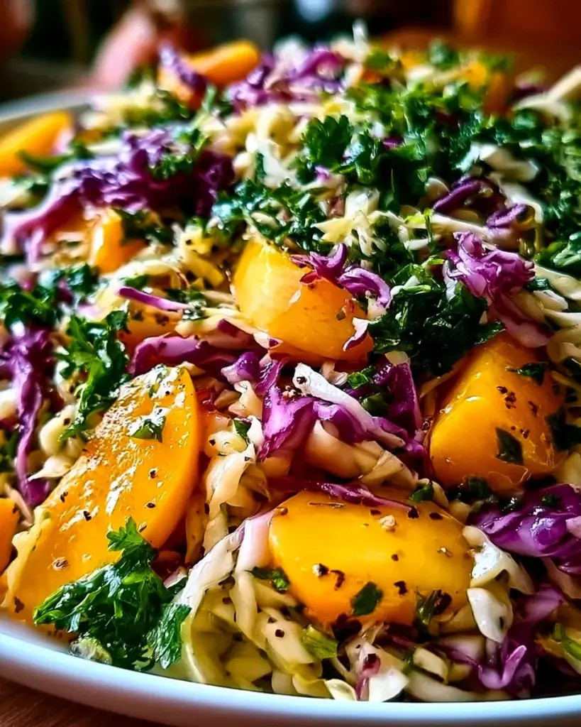 Sommerkrautsalat mit Pfirsichen in einer Schüssel serviert