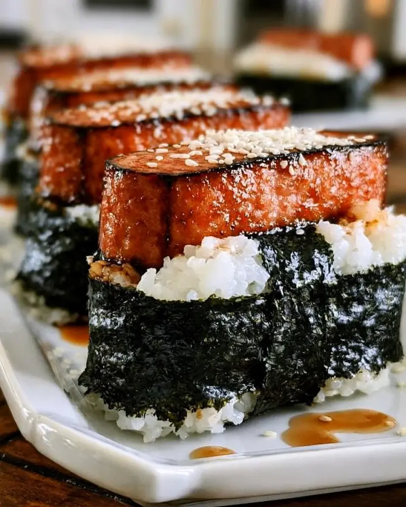 Gegrilltes Spam Musubi mit Reis und Algen in einer dekorativen Anordnung