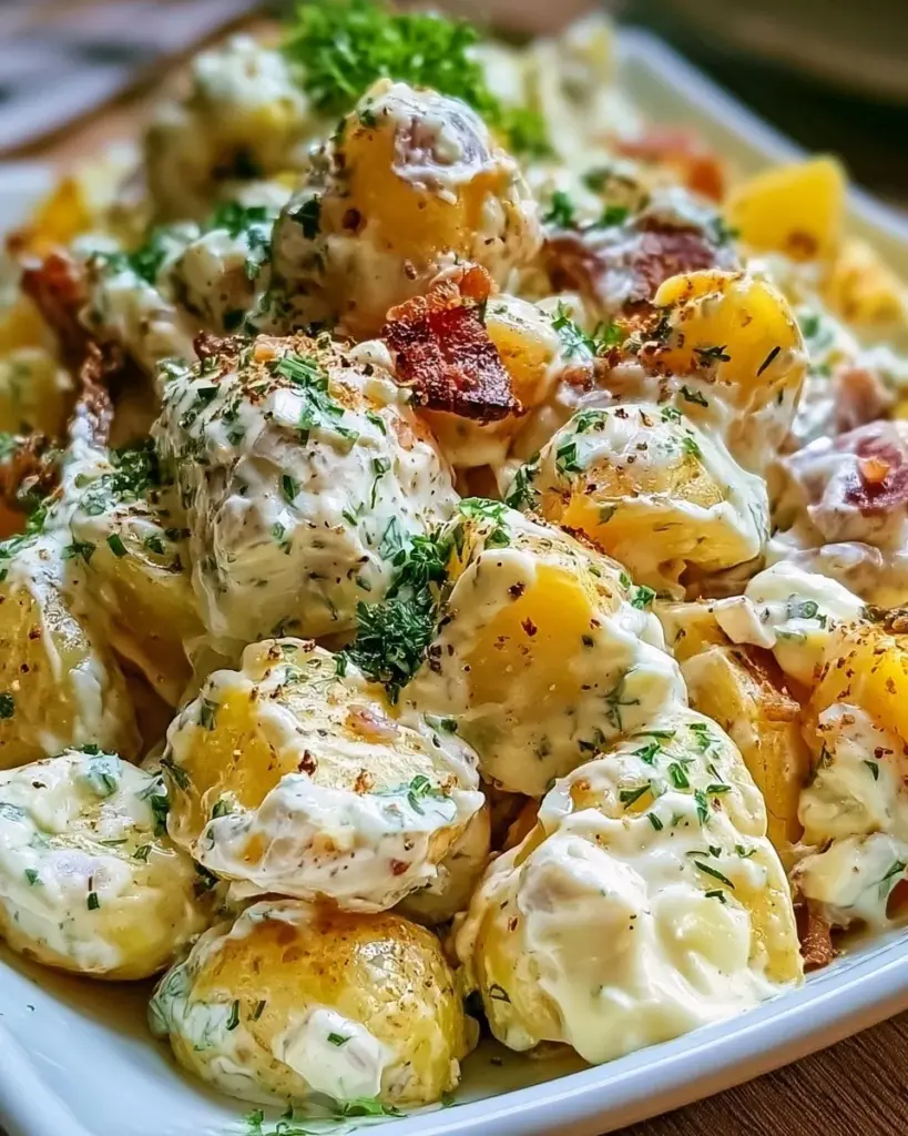 Steakhouse Kartoffelsalat mit frischen Zutaten und Dressing