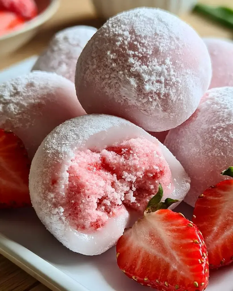 Veganes Erdbeer-Mochi-Eis in einer Schüssel serviert