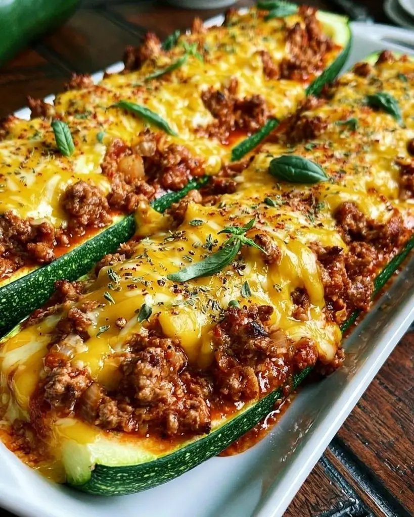 Zucchini-Boote mit Hackfleisch gefüllt in einer ansprechenden Präsentation.